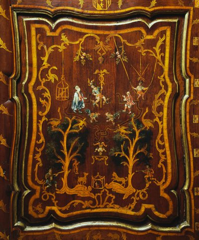 Rokoko-Stil Holzleinen-Schrank mit polychromen Einlagen und Sockel, Kolonialzeit von Mexican School