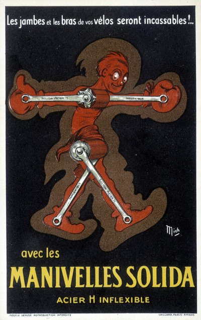Werbung für Velo-Kurbeln aus massivem Stahl. Zeichnung von Mich (Michel Liebeaux) von Mich