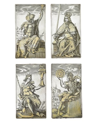 Detail eines äußerst seltenen Satzes von 52 Spielkarten, graviert in den vier italienischen Farben, Augsburg von Michael Froemmer