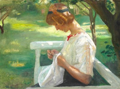 Ella Saxild näht im Garten an einem Sommertag von Michael Peter Ancher