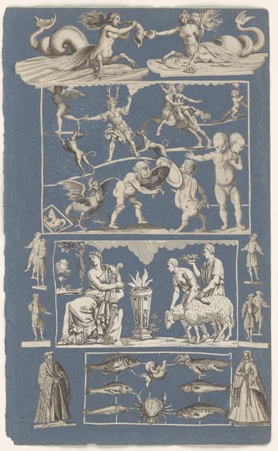 Collage von ausgeschnittenen Drucken auf blauem Papier von Michael Snijders (attributed to)