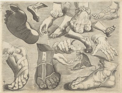 Studienblatt mit Zeichenbeispielen: Hände, Füße und ein Äffchen (Serie) von Michael Snijders