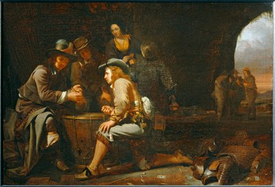 Soldaten spielen in einer Höhle, die als Wachstube eingerichtet ist. 1649 von Michael Sweerts