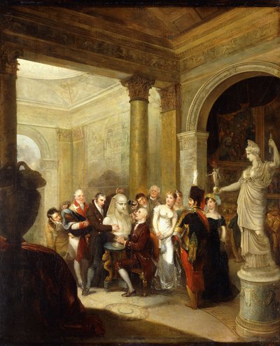 Ein Capriccio-Interieur mit einer Gruppe von Damen und Herren, die eine Büste des Antinous betrachten, mit der Hoffnung Athene und einer Gemäldegalerie rechts; ein Kuppelsalon links, 1811 von Michael William Sharp