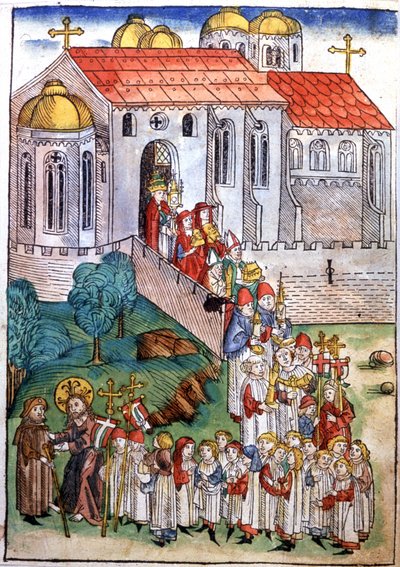 Pilgerfahrt nach Santiago de Compostela, Gravur, Ende des 15. Jahrhunderts von Michael Wohlgemuth