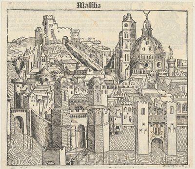 Phantasieansicht der Stadt Marseille [recto], drei Porträts (Phereades, Pythagoras und Sappho) [verso] von Michael Wolgemut