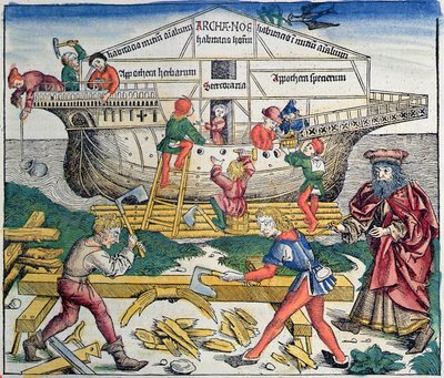 Der Bau der Arche Noah, aus der Nürnberger Chronik von Hartmann Schedel, 1493 von Michael Wolgemut