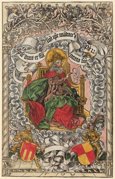 Titelholzschnitt mit Gottvater auf dem himmlischen Thron, die Hand segnend erhoben von Michael Wolgemut