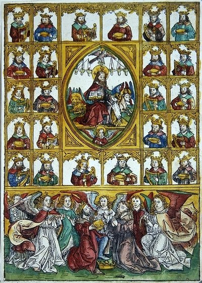Jesus umgeben von den Symbolen der vier Evangelisten und vielen Königen mit Harfen und Goldbechern von Michael Wolgemut or Wolgemuth