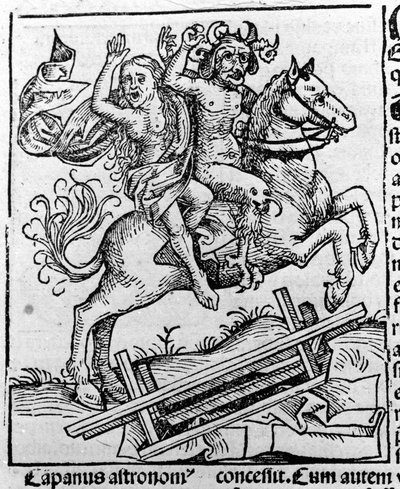 Der Teufel und eine Hexe auf dem Weg zum Sabbat von Hartmann Schedel Liber chronicarum Nürnberg 1493 von Michael Wolgemut or Wolgemuth
