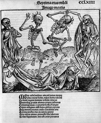 Makabre Tanzszene, mit Skeletten, - in „Chronicles of Nuremberg“ von Hartmann Schedel (1440-1514), herausgegeben in Nürnberg von Anton Koberger, 12. Juli von Michael and Pleydenwurff W. (d.1494) Wolgemuth