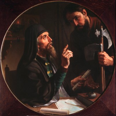 Der Hegumen des Lavra Dionysius Zobninovsky präsentiert eine kirchliche Urkunde von Michail Ivanovich Skotti