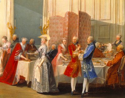 Buffet mit Gästen neben einem Paravent. Detail von „Le Thé à l