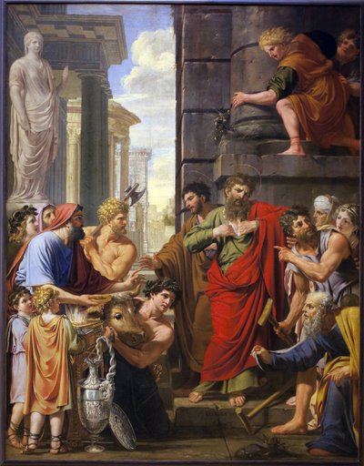 Der heilige Paulus und der heilige Barnabas verweigern göttliche Ehren in Lystra von Michel Corneille