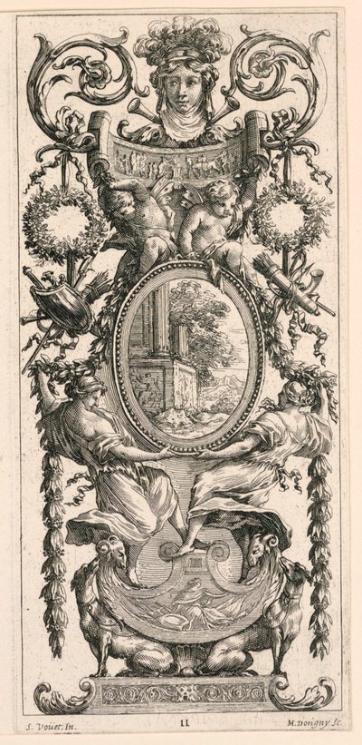 Ornamenttafel mit einem Kopf, flankiert von Laubwerk, Platte 11 aus dem Livre de Diverses Grotesques peintes dans le Cabinet et Bains de la Reyne Regente, au Palais Royale von Michel Dorigny