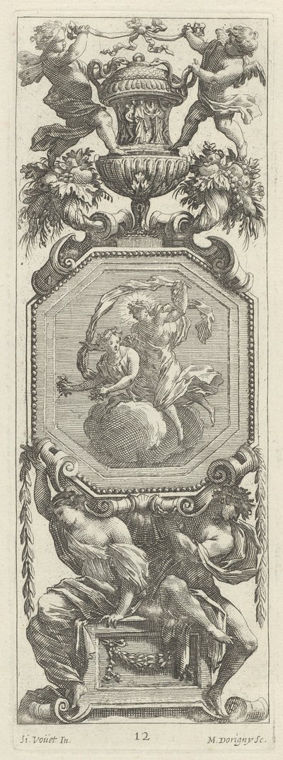 Ornamentales Panel mit zwei Putti und einer Vase von Michel Dorigny, after Simon Vouet