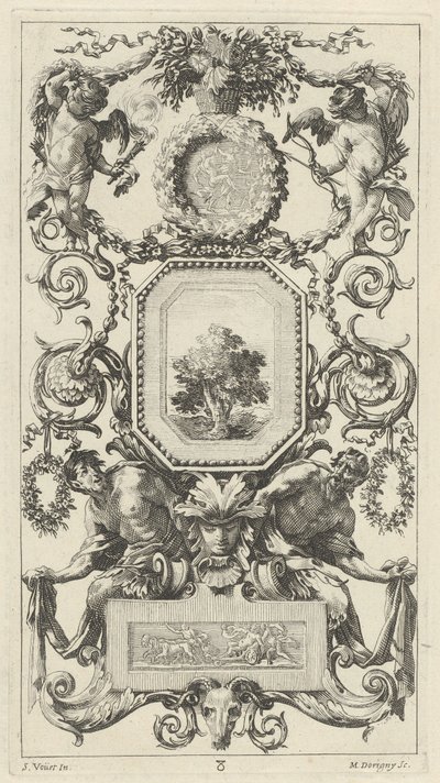 Ornamentale Tafel mit einem Blumenkorb, Amor und Hymen von Michel Dorigny, after Simon Vouet