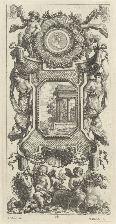 Ornamentales Panel mit einer Büste einer Frau und zwei Putti mit flammenden Trompeten von Michel Dorigny, after Simon Vouet