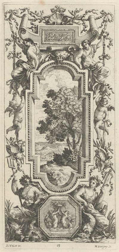 Ornamentales Paneel mit einer Meereslandschaft und einer Muschel von Michel Dorigny, after Simon Vouet