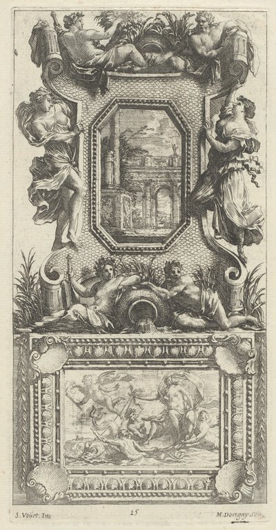 Ornamentales Panel mit einer Najade und einem Flussgott von Michel Dorigny, after Simon Vouet
