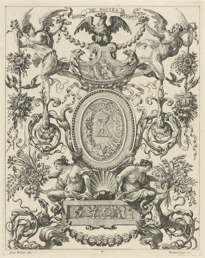 Ornamentales Panel mit einem Adler und dem Motto NATOS ET NOSTRA TUEMUR von Michel Dorigny, after Simon Vouet