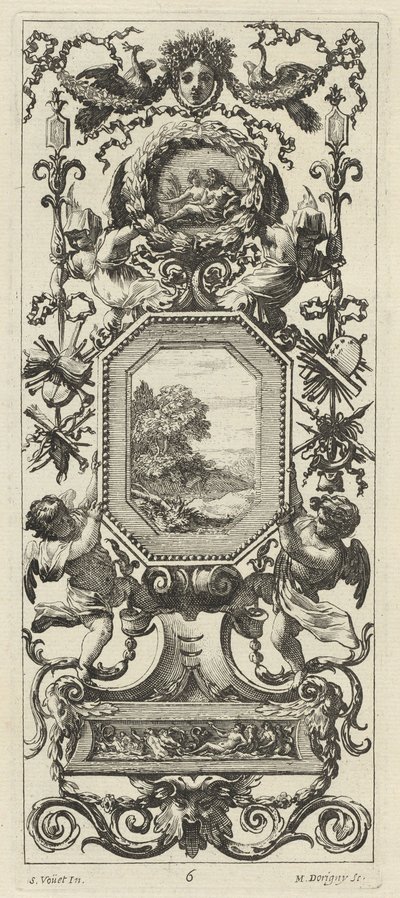 Ornamentales Paneel mit gekröntem Frauenkopf und zwei Pfauen von Michel Dorigny, after Simon Vouet