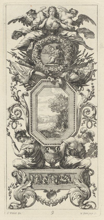 Ornamentales Paneel mit zwei Figuren, die sich auf die Büste einer Frau stützen von Michel Dorigny, after Simon Vouet