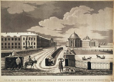 Ansicht der Izmailovsky-Brücke und Kasernen über den Fontanka-Fluss, spätes 18. Jahrhundert von Michel François Damame Demartrais