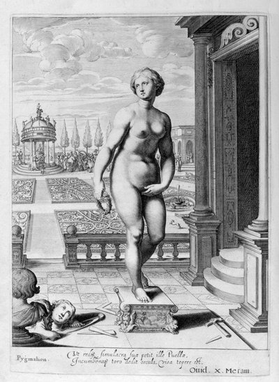 Pygmalion ist in eine Statue verliebt, die er gemacht hat, 1655 von Michel de Marolles