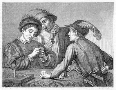 Die Betrüger. Gravur des 19. Jahrhunderts, die das Werk von Caravaggio (il Caravaggio) um 1596 darstellt. von Michelangelo (after) Caravaggio