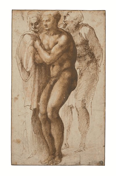 Ein nackter Mann (nach Masaccio) und zwei Figuren hinter ihm von Michelangelo Buonarroti