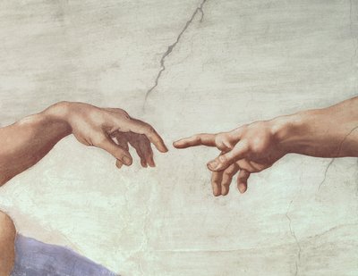 Hände von Gott und Adam, Detail aus Die Erschaffung Adams, von der Sixtinischen Decke, 1511 (vor der Restaurierung) von Michelangelo Buonarroti