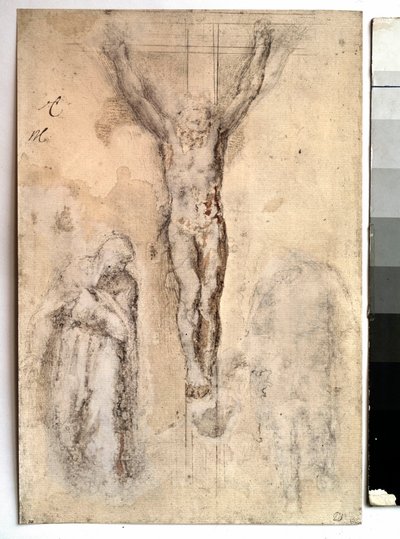 Studie für eine Kreuzigung Darstellung von Christus am Kreuz mit der Jungfrau und dem Heiligen Johannes. Zeichnung von Michelangelo Buonarroti genannt Michelangelo (Michelangelo oder Michel Ange) von Michelangelo Buonarroti
