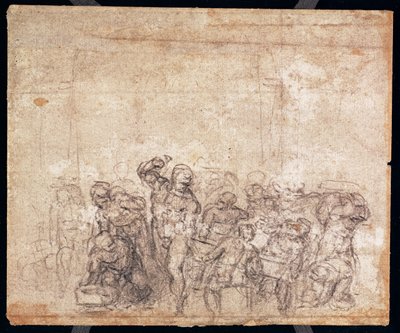 Studie von Figuren für eine Erzählungsszene (Schwarzkreide auf Papier) (verso) von Michelangelo Buonarroti
