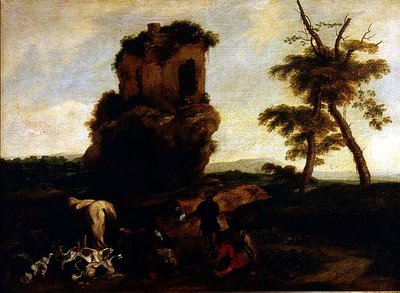 Landschaft mit Reisenden, die sich in der Nähe eines Gasthauses ausruhen von Michelangelo Cerquozzi