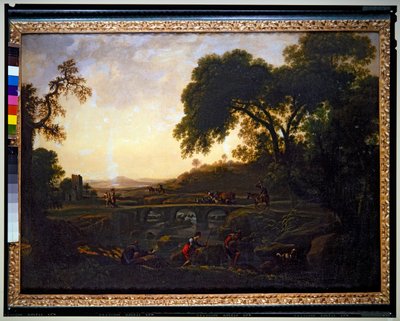 Landschaft mit einer Brücke und Bauern und Kühen und Ziegen von Michelangelo Cerquozzi