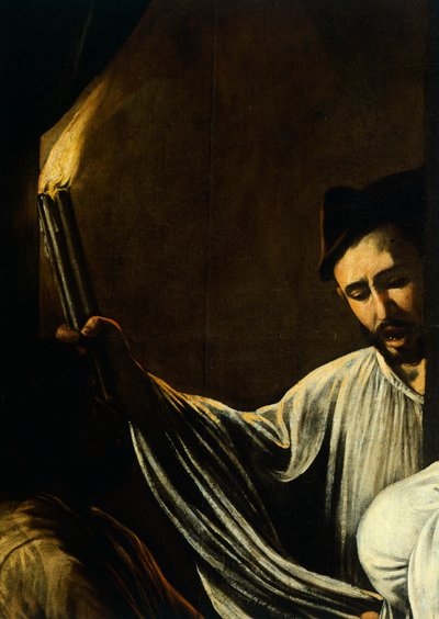 Ein Mann hält eine Fackel und begräbt einen Toten (Detail) von Michelangelo Merisi da Caravaggio
