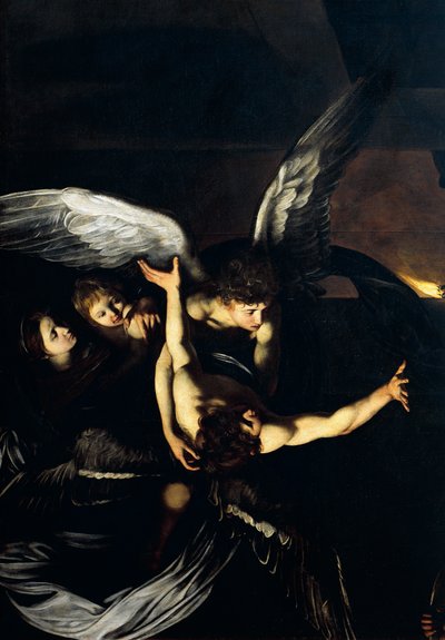Figuren von Engeln, Detail aus Unsere Liebe Frau der Barmherzigkeit oder Sieben Werke der Barmherzigkeit von Michelangelo Merisi da Caravaggio