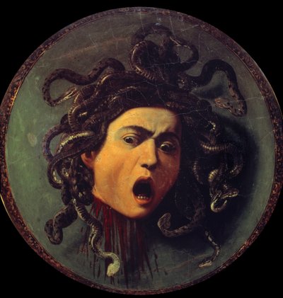 Kopf der Medusa. Gemälde auf der Rückseite eines mit Leinwand bespannten Schildes. Symbol des Sieges der Vernunft über die Sinne, bezugnehmend auf den Mythos von Perseus und Medusa (Gorgone). Gemälde von Michelangelo Merisi, genannt Caravaggio (1571-1610) von Michelangelo Merisi da Caravaggio