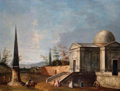 Elegante Figuren vor einer klassizistischen Kirche mit Kuppel, ein Obelisk links von Michele Marieschi