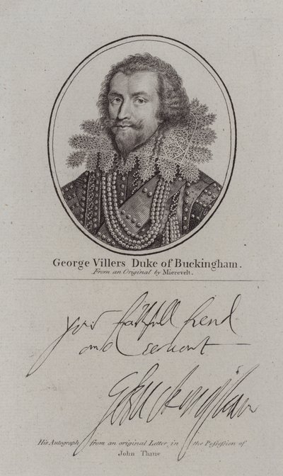 George Villiers, Herzog von Buckingham, englischer Höfling, Politiker und Favorit von König James I (Stich) von Michiel Janszoon van (after) Miereveldt