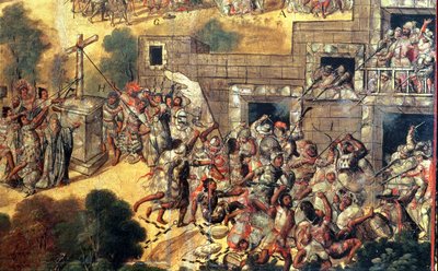 Detail des Versuchs, das Kreuz vor den Götzen niederzureißen und Steinwürfe und Pfeilschüsse gegen Montezuma (1466-1520) 1698 von Miguel Gonzalez