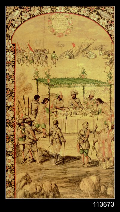 Die Eroberung Mexikos: Hernando Cortes befiehlt die Zerstörung der Schiffe und trifft die Botschafter von Montezuma im Jahr 1520 von Miguel and Juan Gonzalez