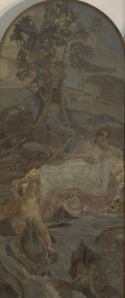 Venus, Amor und Paris, mittleres Panel des Paris-Urteils-Triptychons von Mikhail Aleksandrovich Vrubel