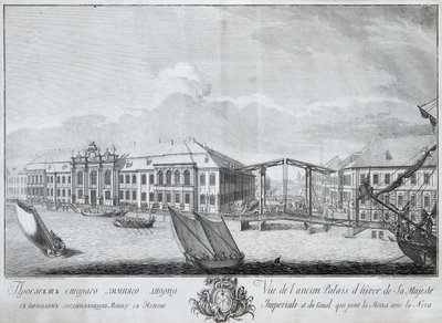 Ansicht des zweiten Winterpalastes mit dem Kanal, der die Moika mit der Newa verbindet, 1753 von Mikhail Ivanovich Makhaev