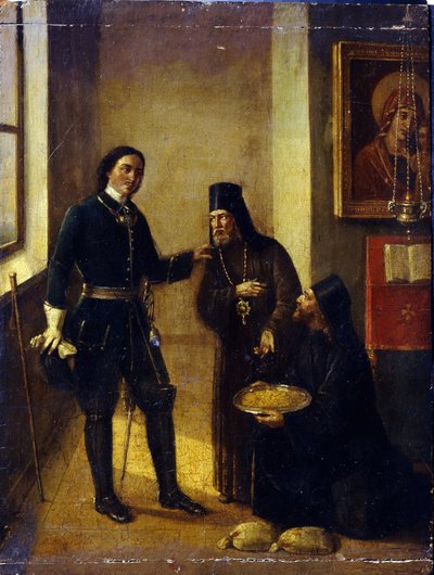 Bischof Mitrophan von Woronesch spendet an Peter I. für den Bau der Asow-Flotte im Jahr 1696 von Mikhail Ivanovich Terebenev