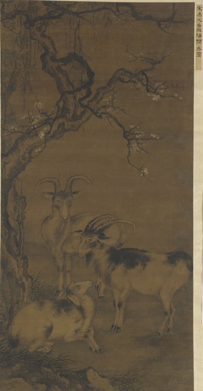 Drei Ziegen unter einem blühenden Pflaumenbaum, 16.-17. Jahrhundert von Ming Dynasty Chinese School