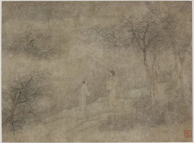 Zwei Männer gehen in einem nebligen Hain von Ming Dynasty Chinese School