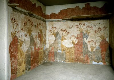 Minoische Kunst: „Frühling“ Fresken aus Akrotiri, Santorini. 16. Jahrhundert v. Chr. Nationales Archäologisches Museum, Athen von Minoan