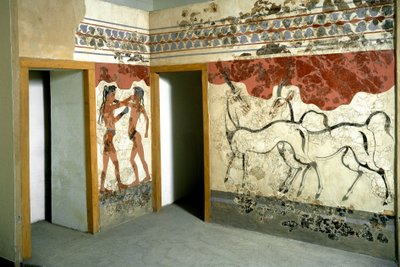 Minoische Kunst: Tiere und Kämpfer. Fresko aus Akrotiri auf Santorin von Minoan